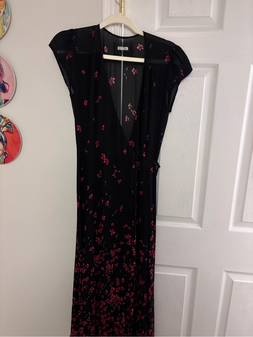 Reformation Black Maxi Wrap Dress with Pink Floral Print